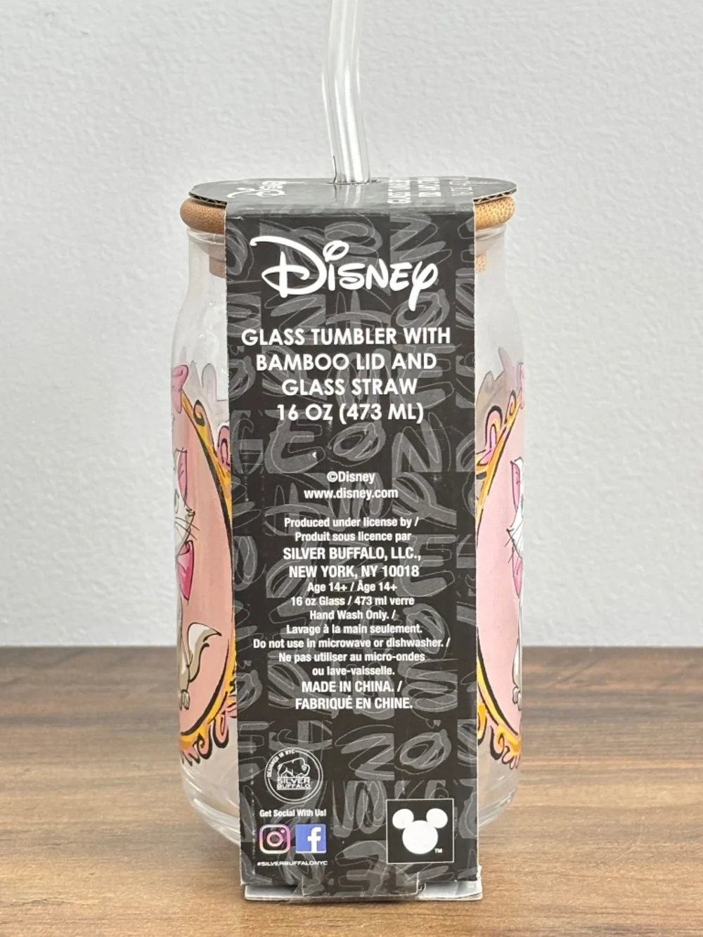 NEW Disney Aristocats Marie White Cat Glass Tumbler Straw Bamboo Lid Cup 16 oz